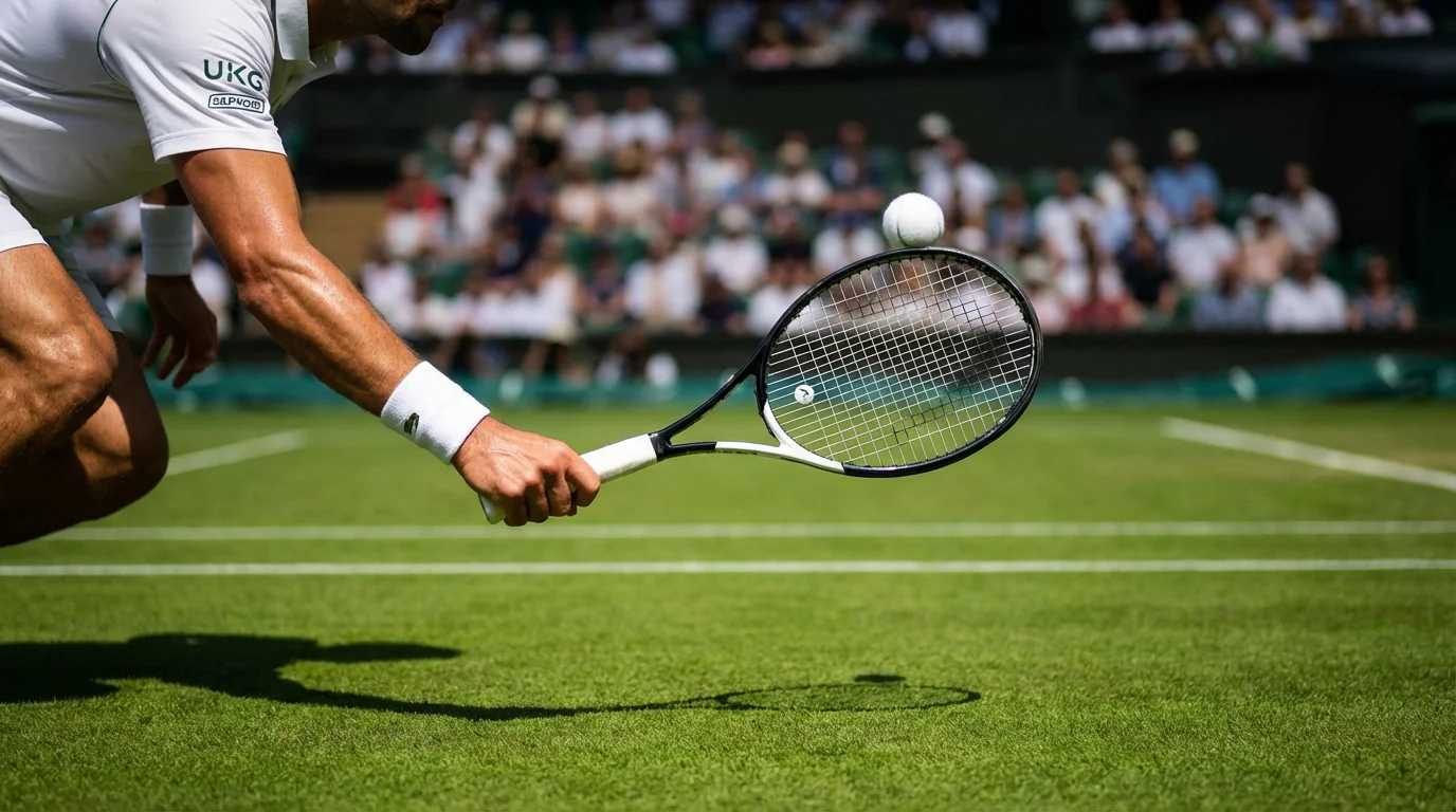 Tennisball auf Rasen neben der Aufschlaglinie bei Wimbledon
