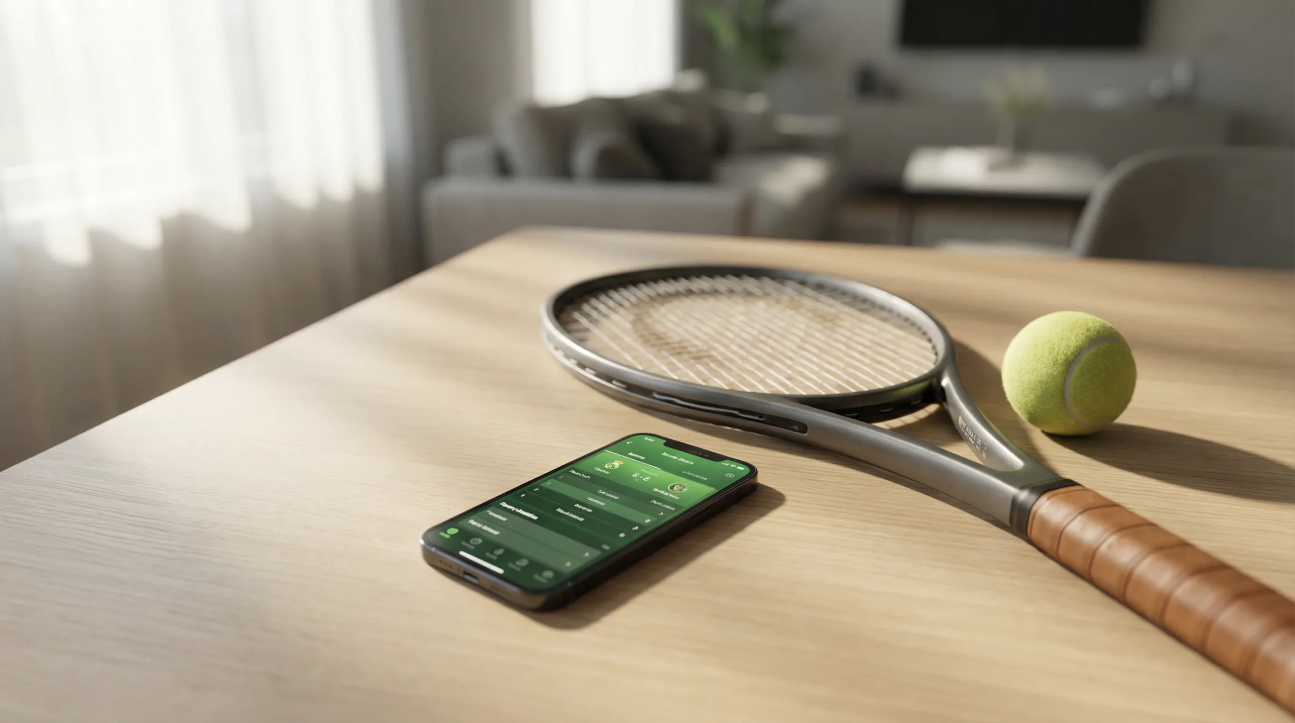 Smartphone mit geoeffneter Wett-App auf einem Tisch neben einem Tennisschlaeger