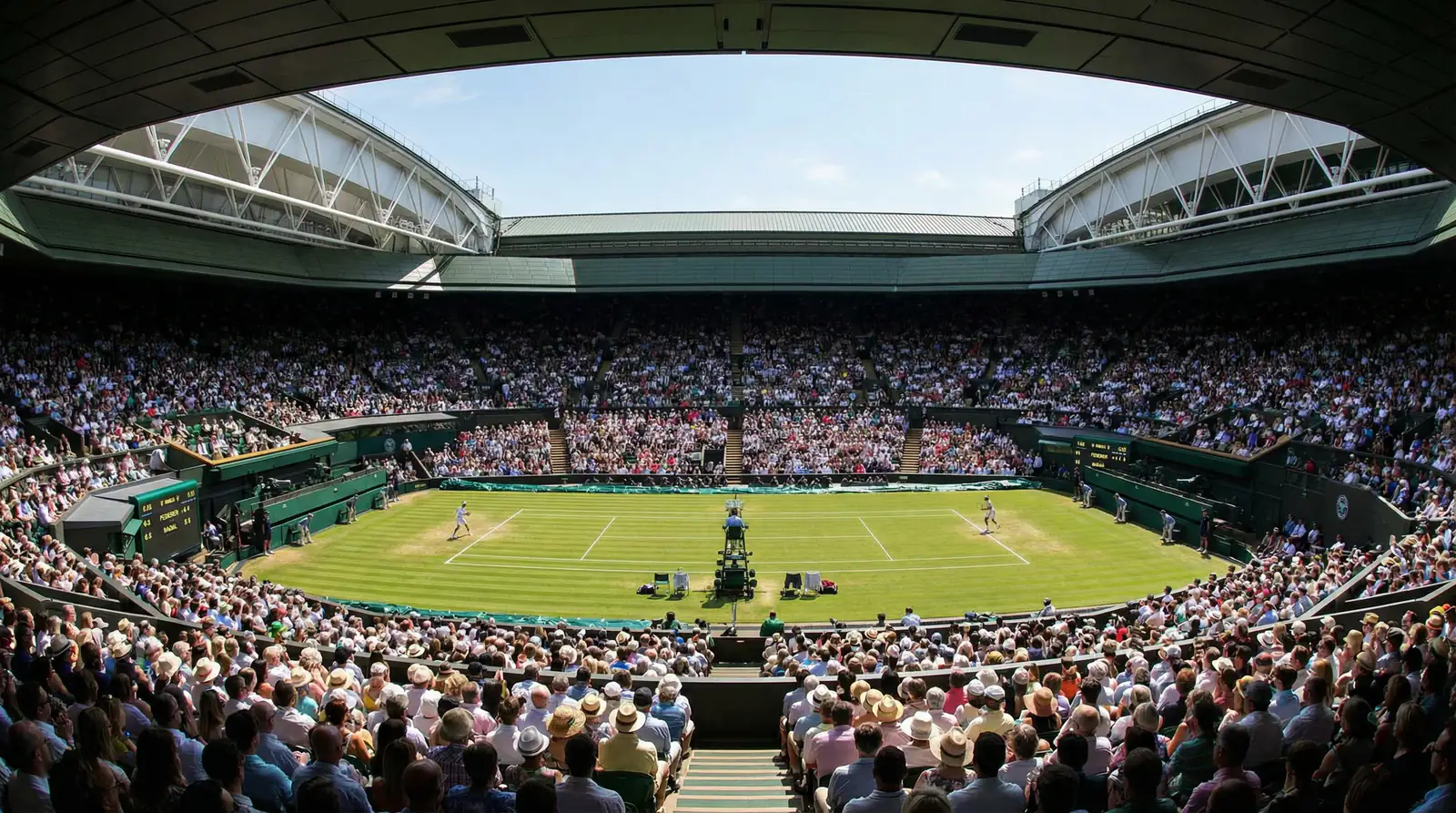 Voller Centre Court in Wimbledon mit Zuschauern und Medieninfrastruktur am Spielfeldrand
