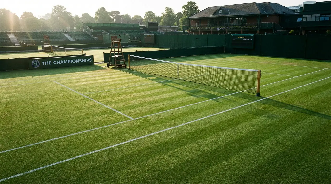 Tennisplatz auf Rasen mit grünem Belag in der ersten Turnierwoche