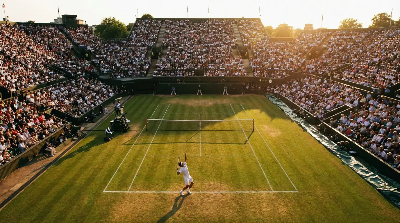Centre Court in Wimbledon vor dem Finale mit Rasenplatz und Tribüne