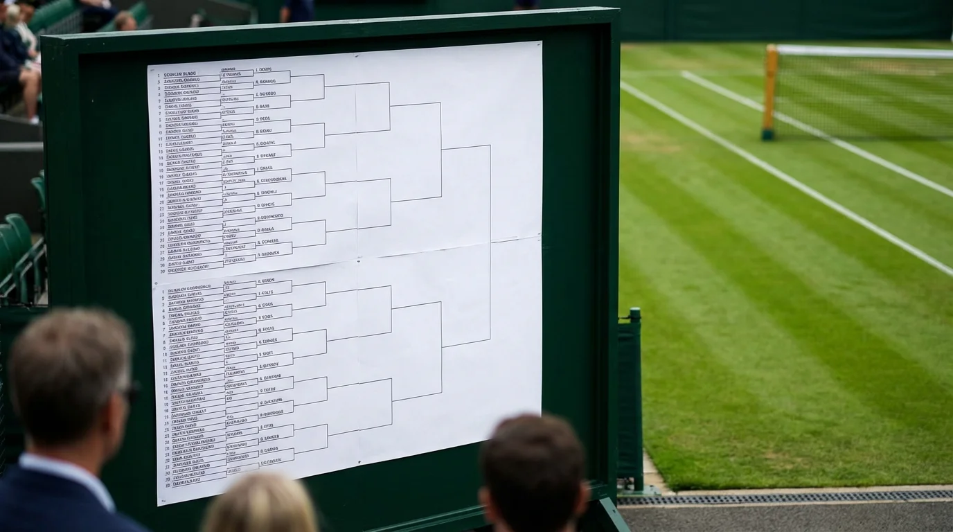 Wimbledon-Setzliste auf einer Anzeigetafel vor gruenem Rasenplatz-Hintergrund