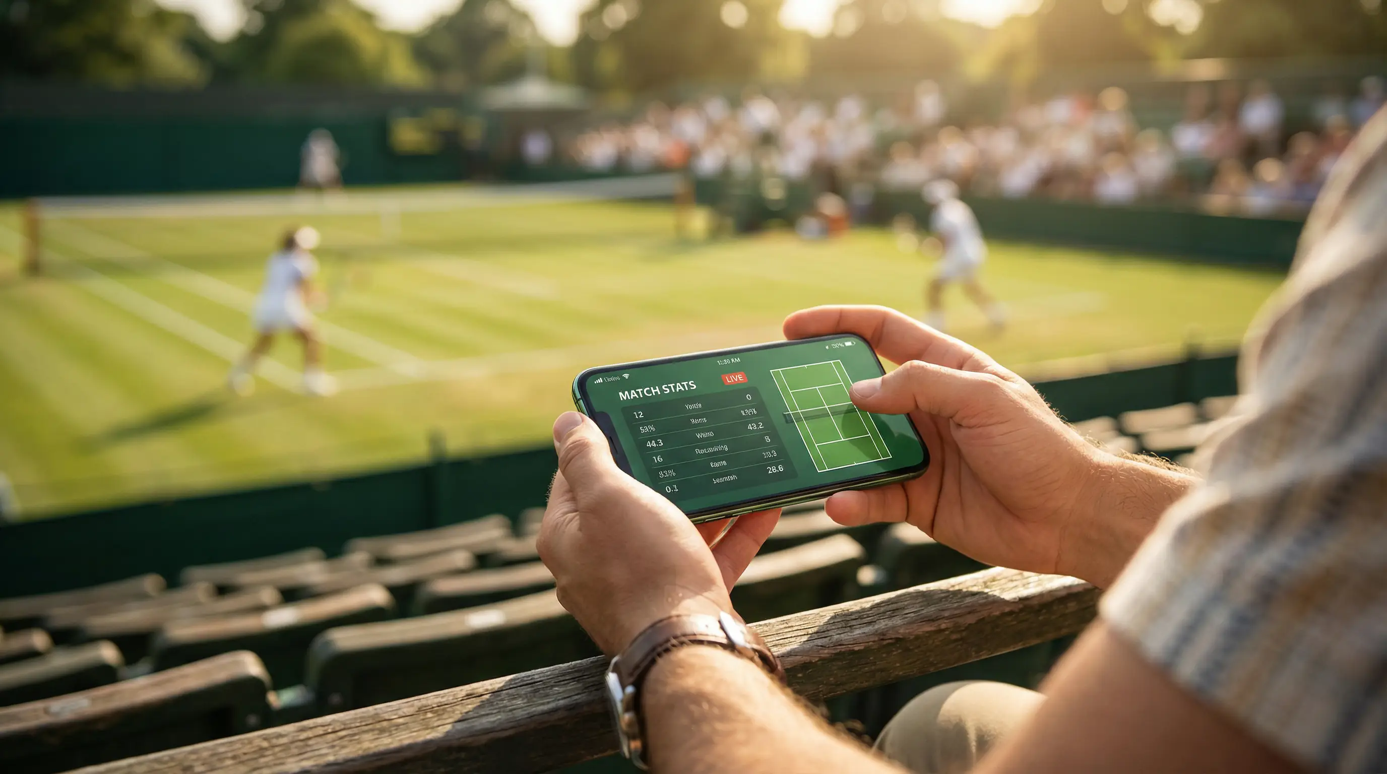 Person verfolgt Wimbledon-Tennismatch auf dem Smartphone mit Live-Wettquoten