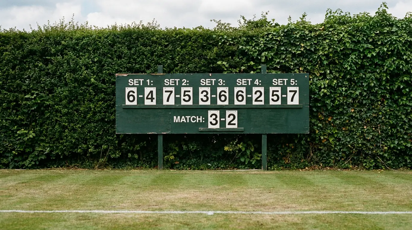 Anzeigetafel mit Spielstand auf einem Rasenplatz bei Wimbledon