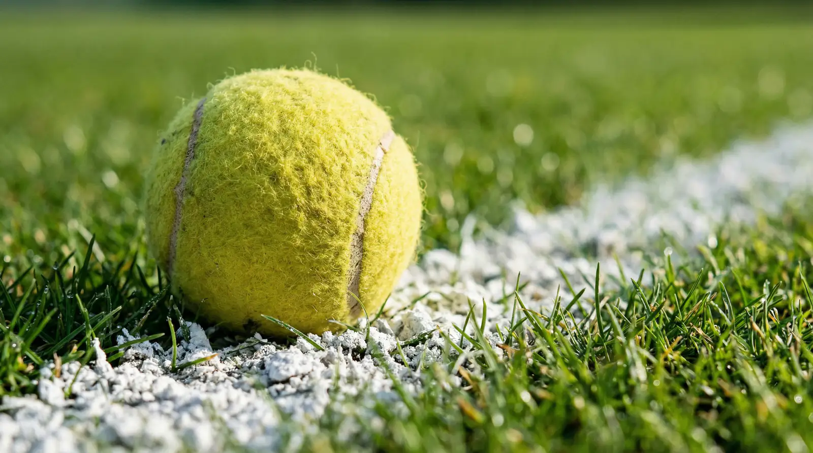 Nahaufnahme eines Tennisballs auf der Rasen-Grundlinie bei Wimbledon