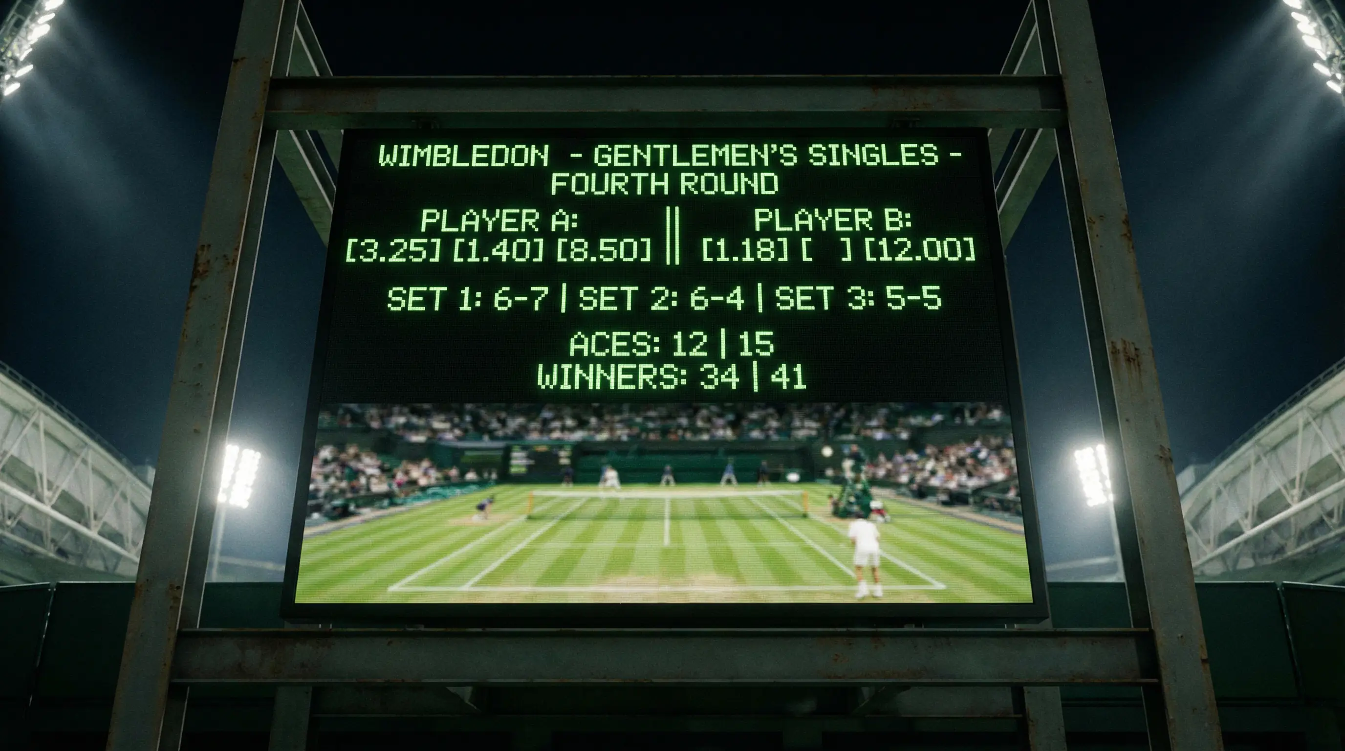 Digitale Anzeigetafel mit Wimbledon-Quoten und Wettquoten im Sportwetten-Kontext