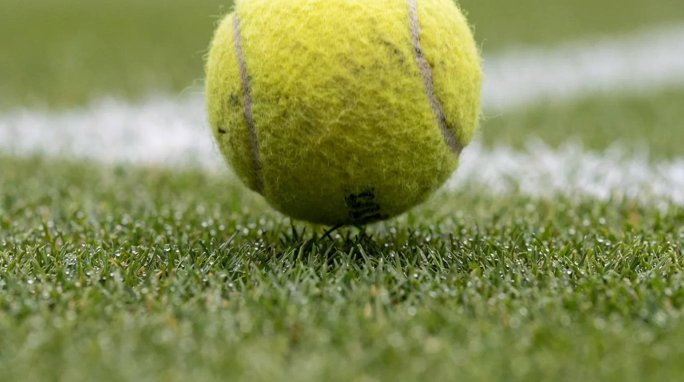 Tennisball auf Wimbledon-Rasen mit flachem Absprung auf kurzgeschnittenem Gras