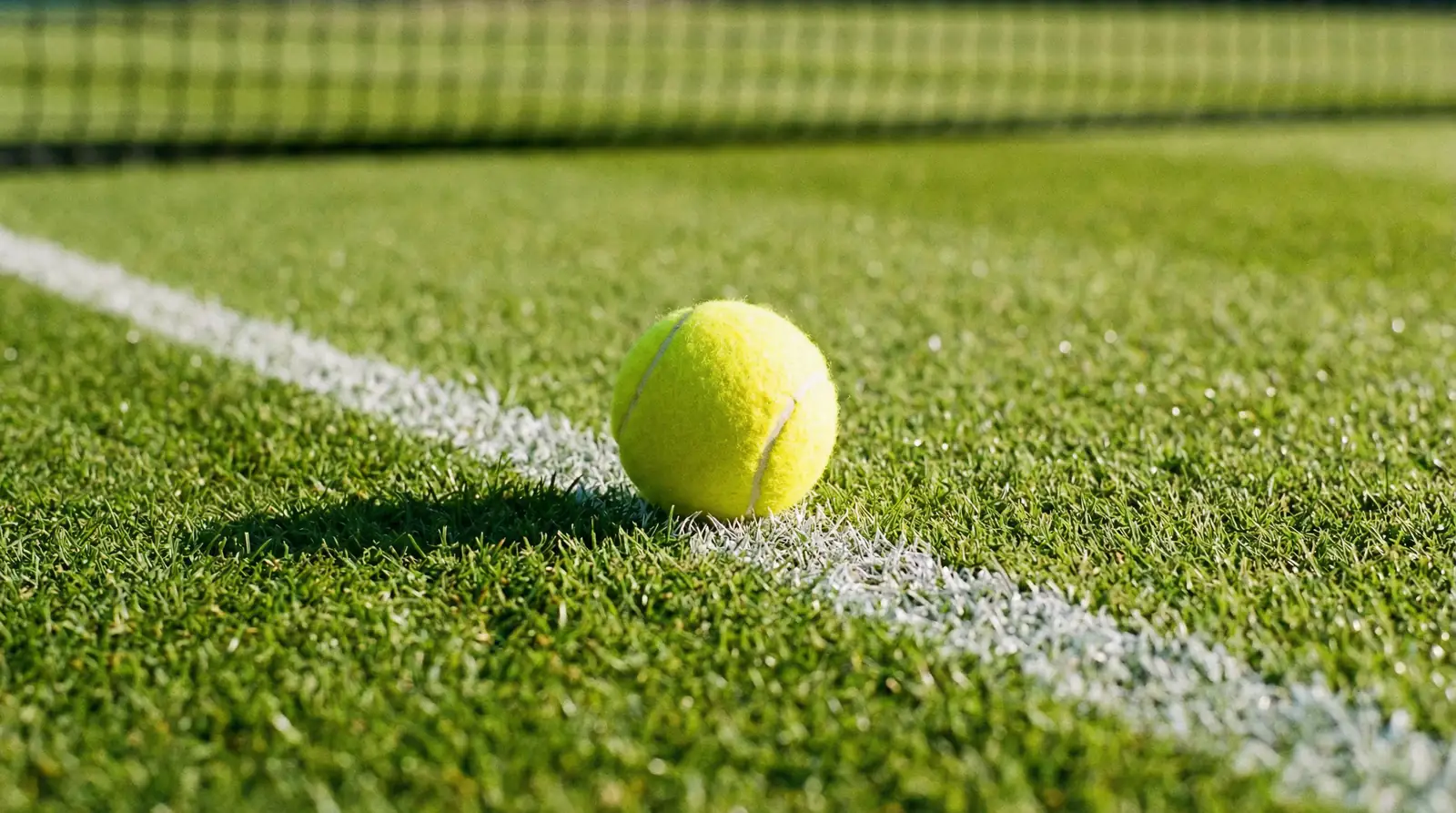 Tennisball neben der Aufschlaglinie auf einem Rasenplatz bei Wimbledon