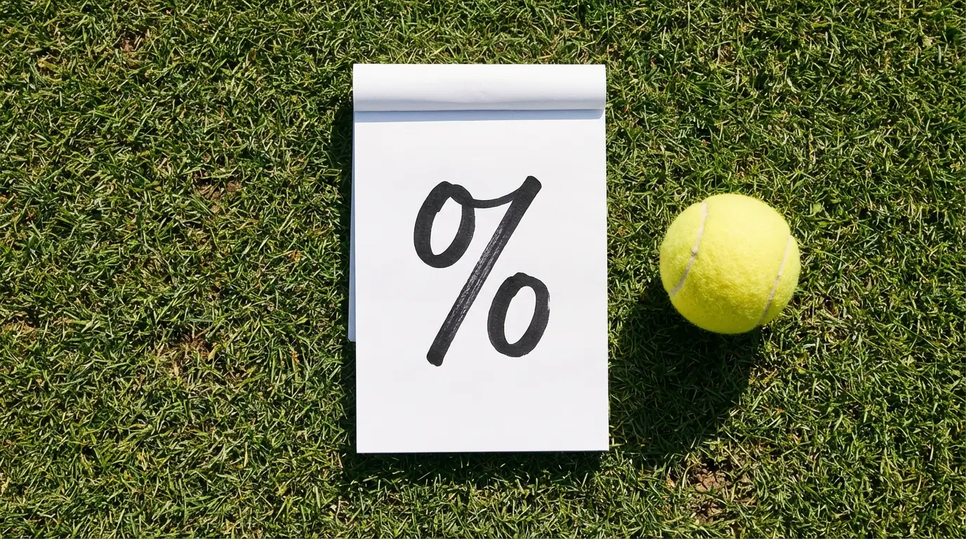 Nahaufnahme eines Notizblocks mit Prozentzeichen neben einem Tennisball auf einer Rasenflaeche