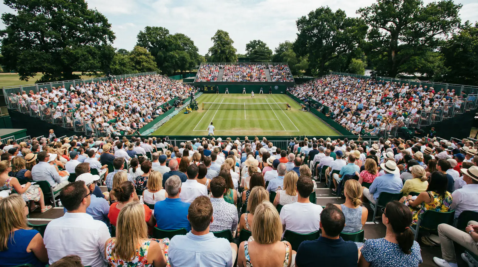 Zuschauertribüne am Rasenplatz während eines Wimbledon-Matches