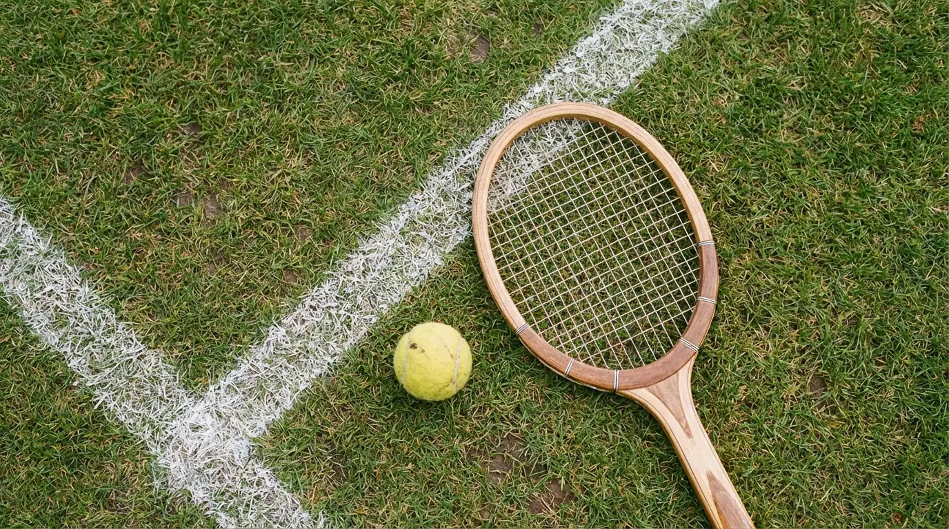Tennisschläger und Ball auf einem gepflegten Rasenplatz bei Wimbledon