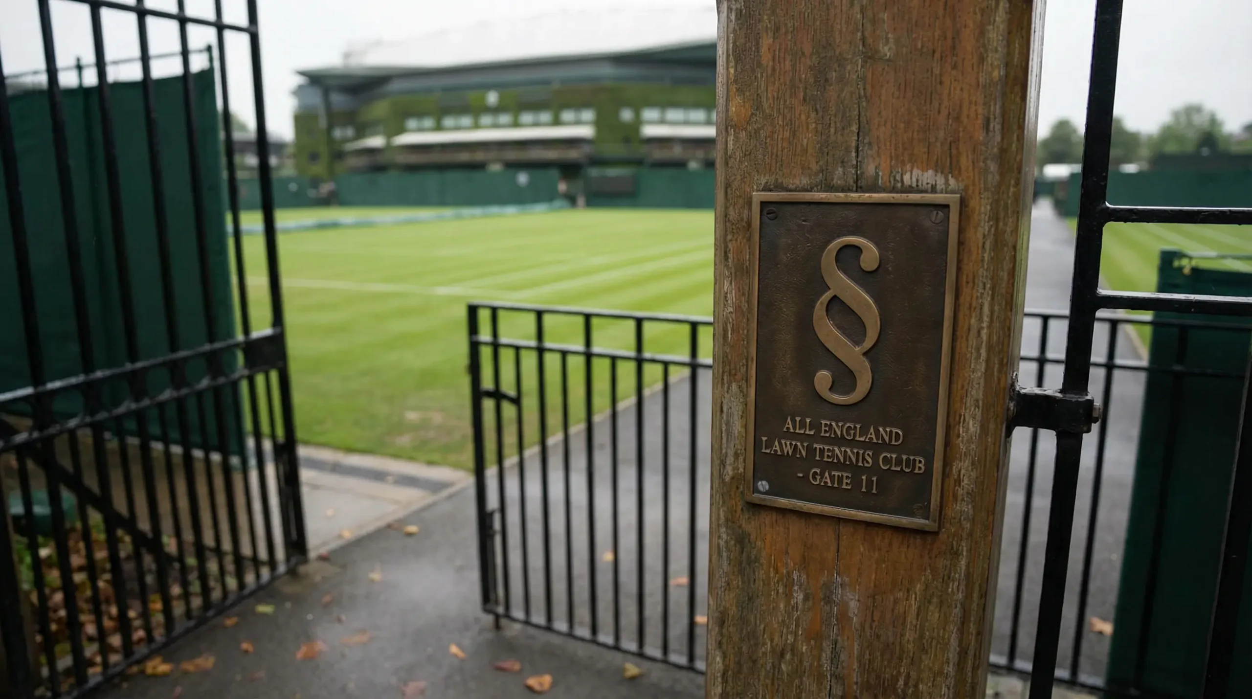 Schild mit Paragraphen-Symbol vor dem Eingang eines Tennisstadions auf Rasen
