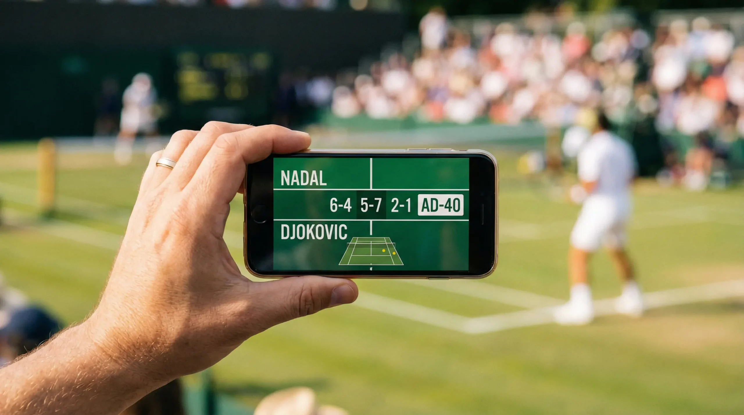 Hand haelt ein Smartphone mit Wimbledon-Ergebnissen vor einem Rasen-Tennisplatz