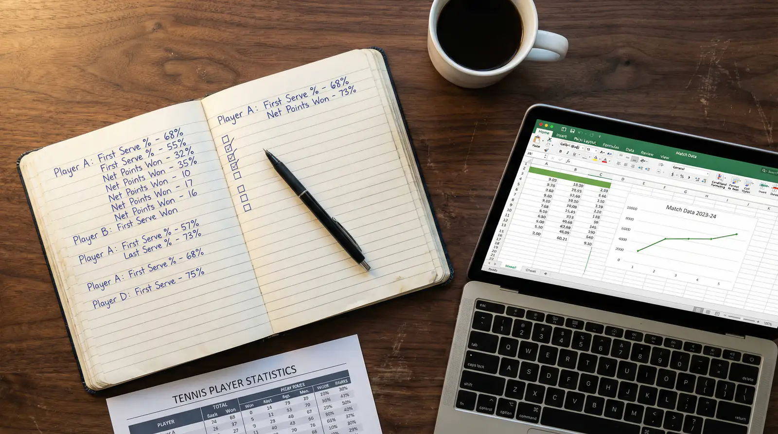 Notizbuch mit handschriftlicher Wimbledon-Wettstrategie und Rasen-Statistiken neben einem Laptop