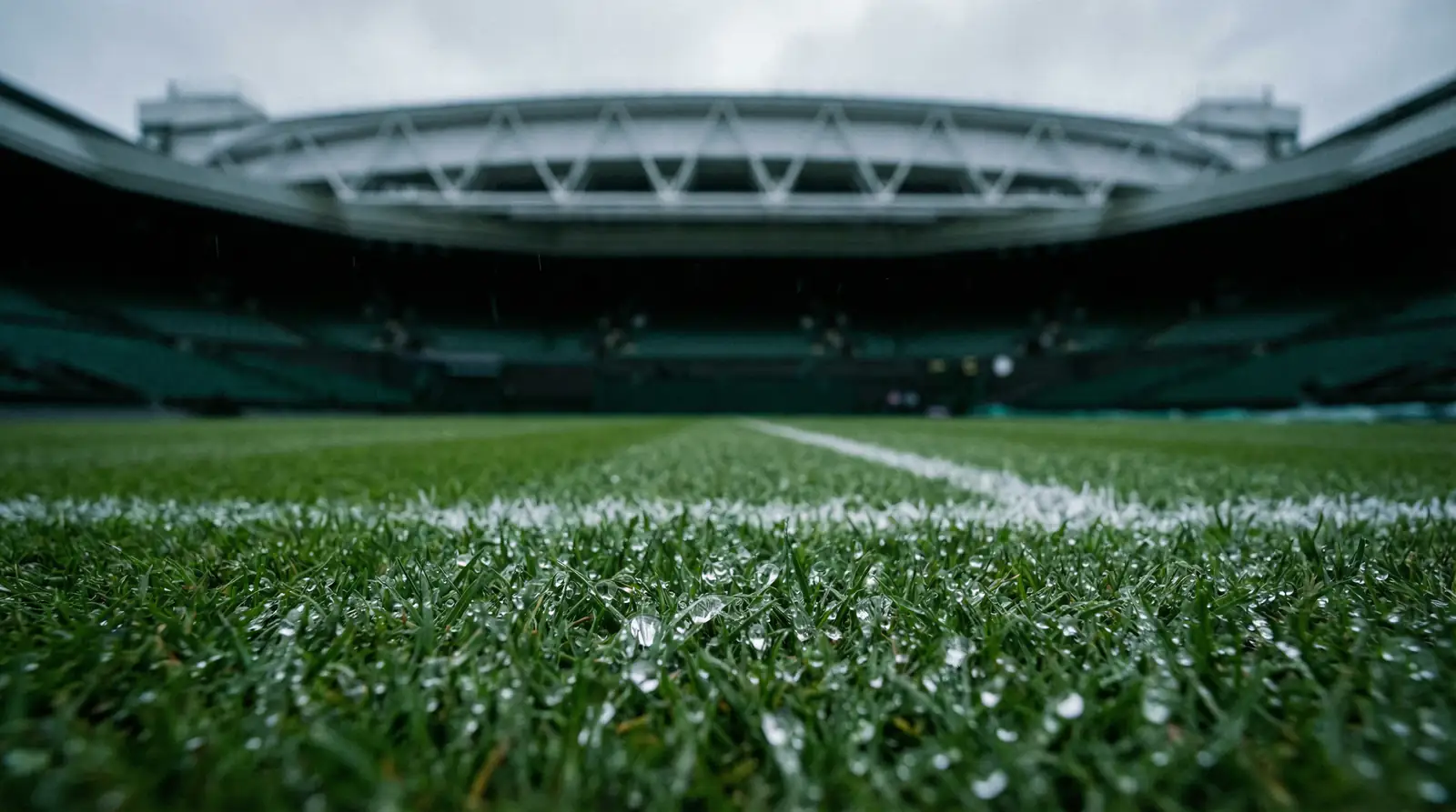 Regentropfen auf dem Rasen eines Tennisplatzes mit geschlossenem Dach im Hintergrund